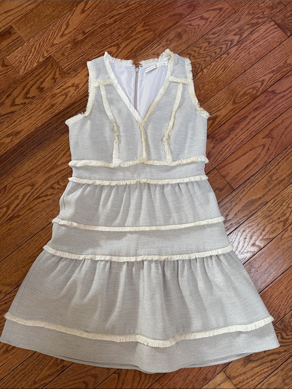 Marie Oliver Cream Tiered Fringe V-Neck Dress